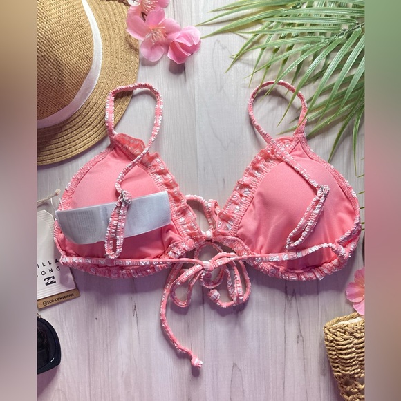 Billabong 🌸 Pink Plaid Ruched Sliding Ruffle Tri Bikini Top 👙🍹🌴 - Picture 9 of 13